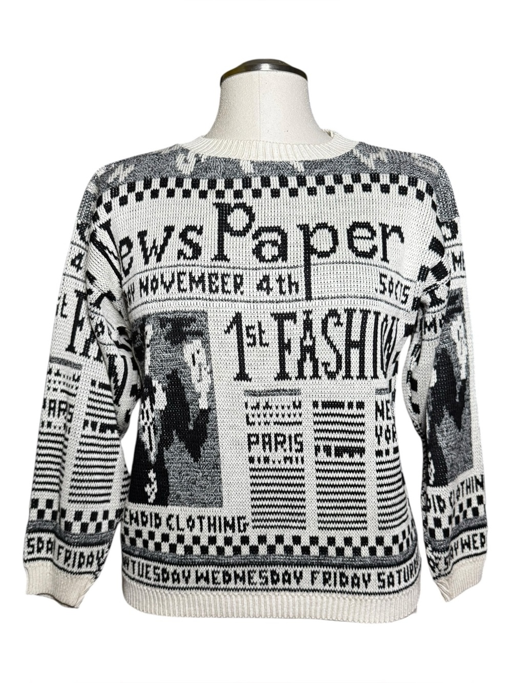 Newspaper Print 80s Vintage Fall Sweater - Picture 3 of 8